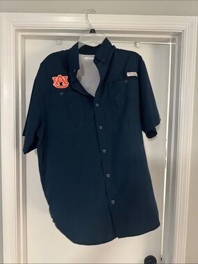 Columbia Navy Short-Sleeve Button-Down with Auburn Patch